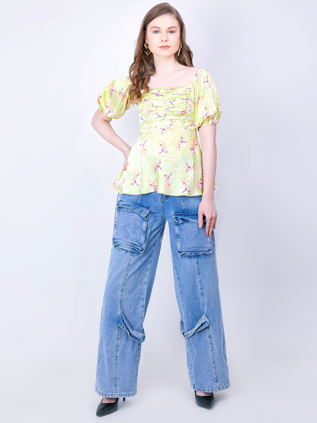 MONOMEE Floral Print Puff Sleeve Satin Peplum Top