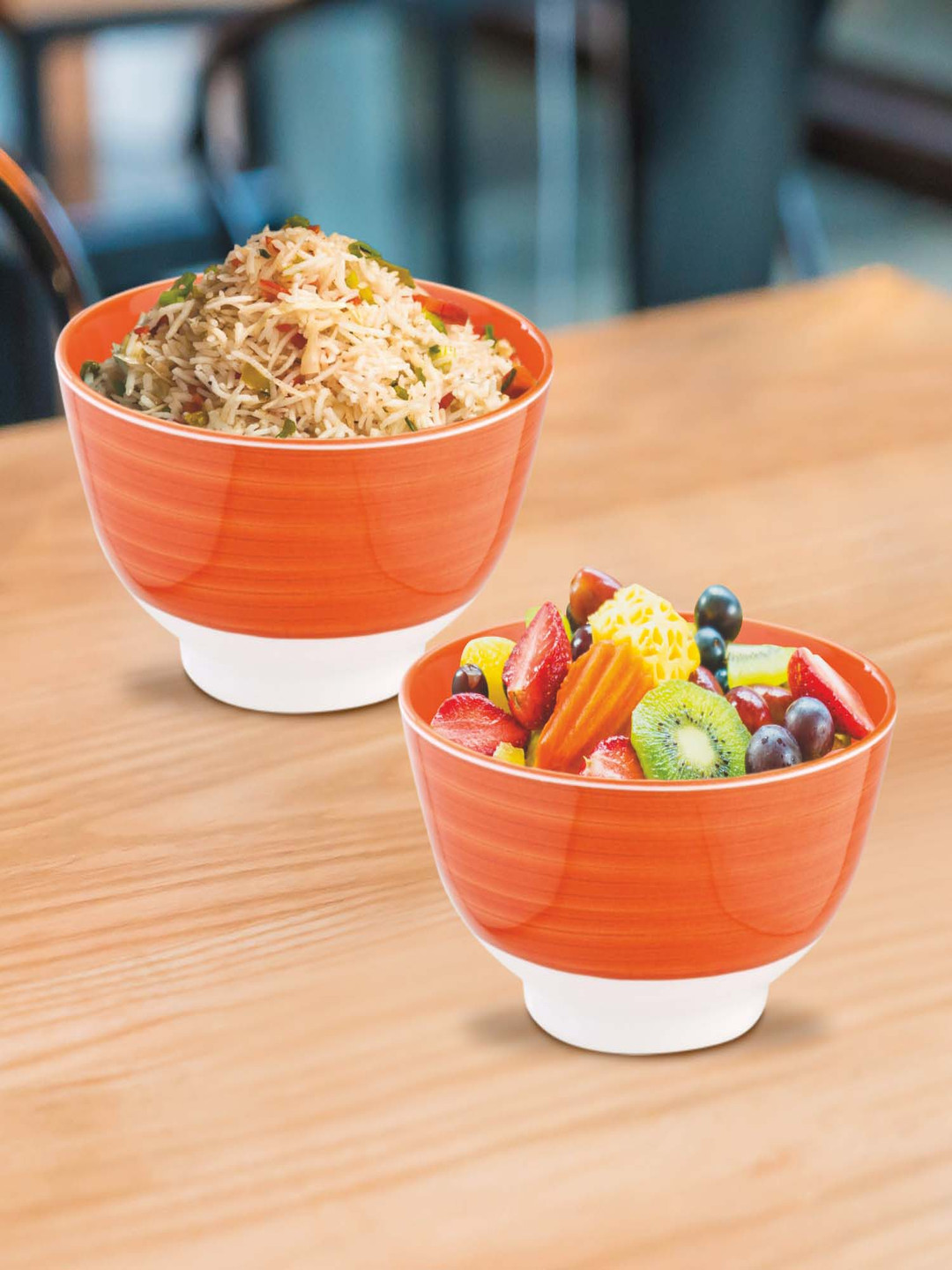 Nayasa Deluxe Orange 2 Pieces Striped Melamine Glossy Serving Bowls 750 ml Each