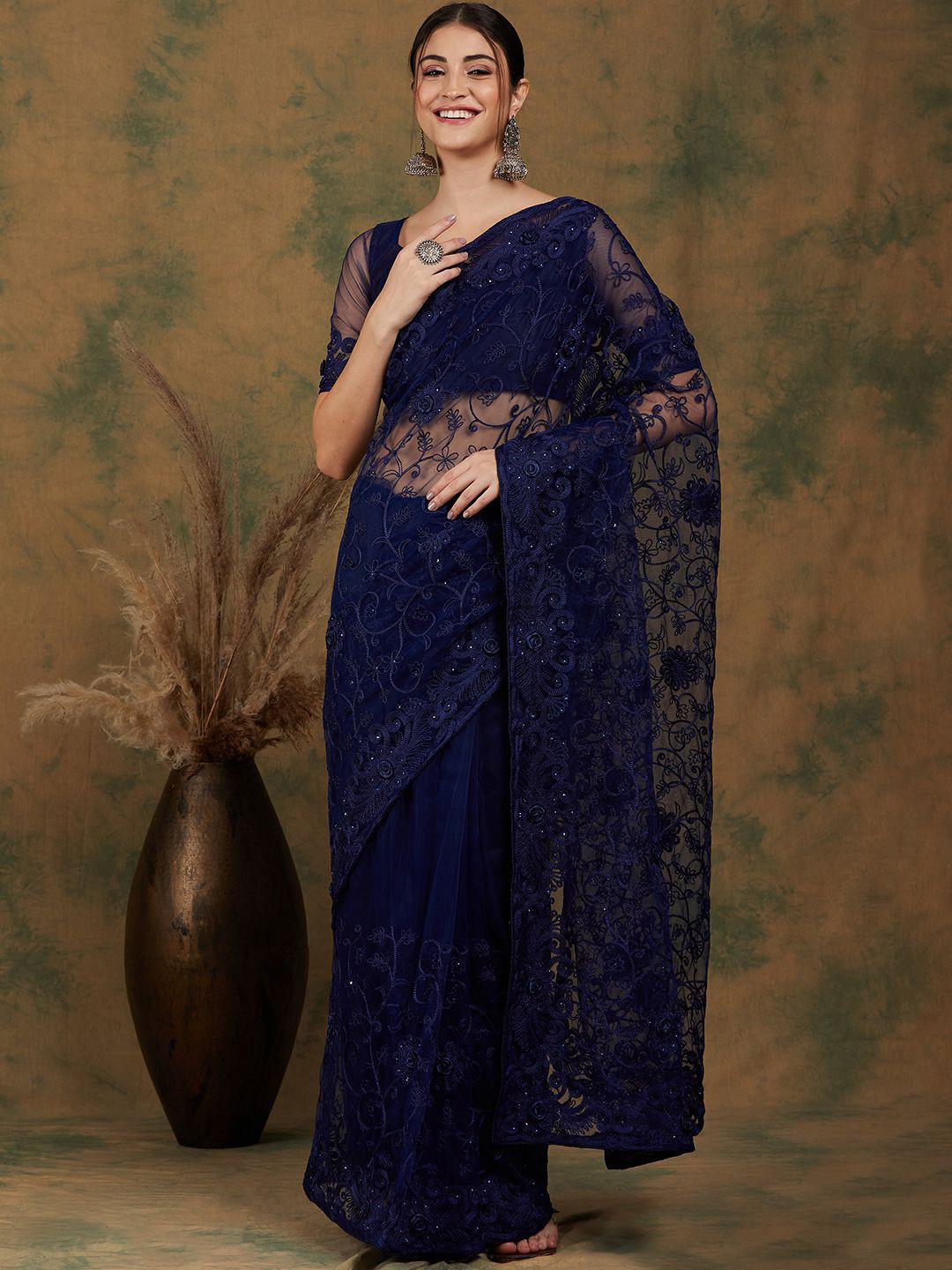 DEVATITHI Navy Blue Beads and Stones Net Saree