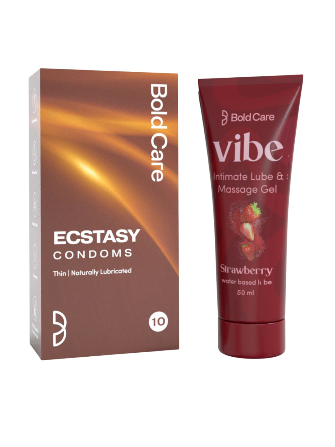 Bold Care Set Of Vibe Strawberry Intimate Lube Gel 50ml With Ecstasy Thin Condoms 10 Pcs