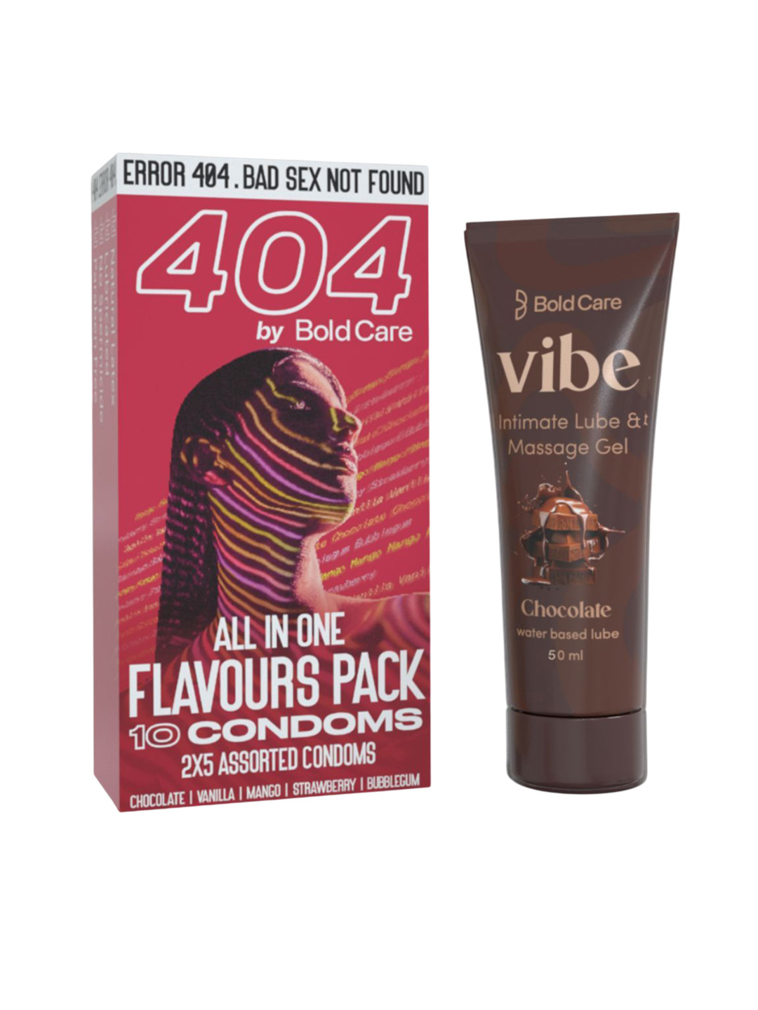 Bold Care Set Of Vibe Intimate Chocolate Lube 50ml With 404 All In One Condoms - 10Pcs