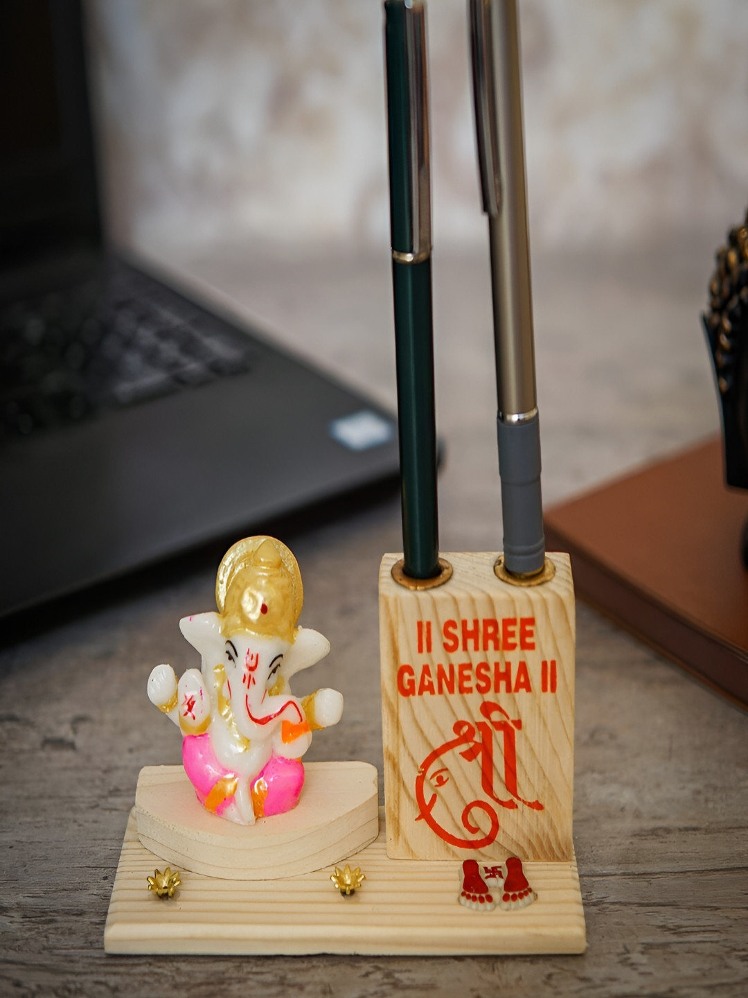 Craftlayout Ganesha Idol & Base Pen Stand White Polyresin Matte Prayer Room Small Showpiece - 1 Inches