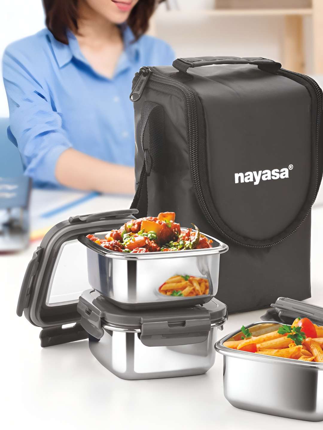 Nayasa Eco Crunch Leakproof Airtight Stainless Steel 4PCs Lunch Box With Spoon and Fork