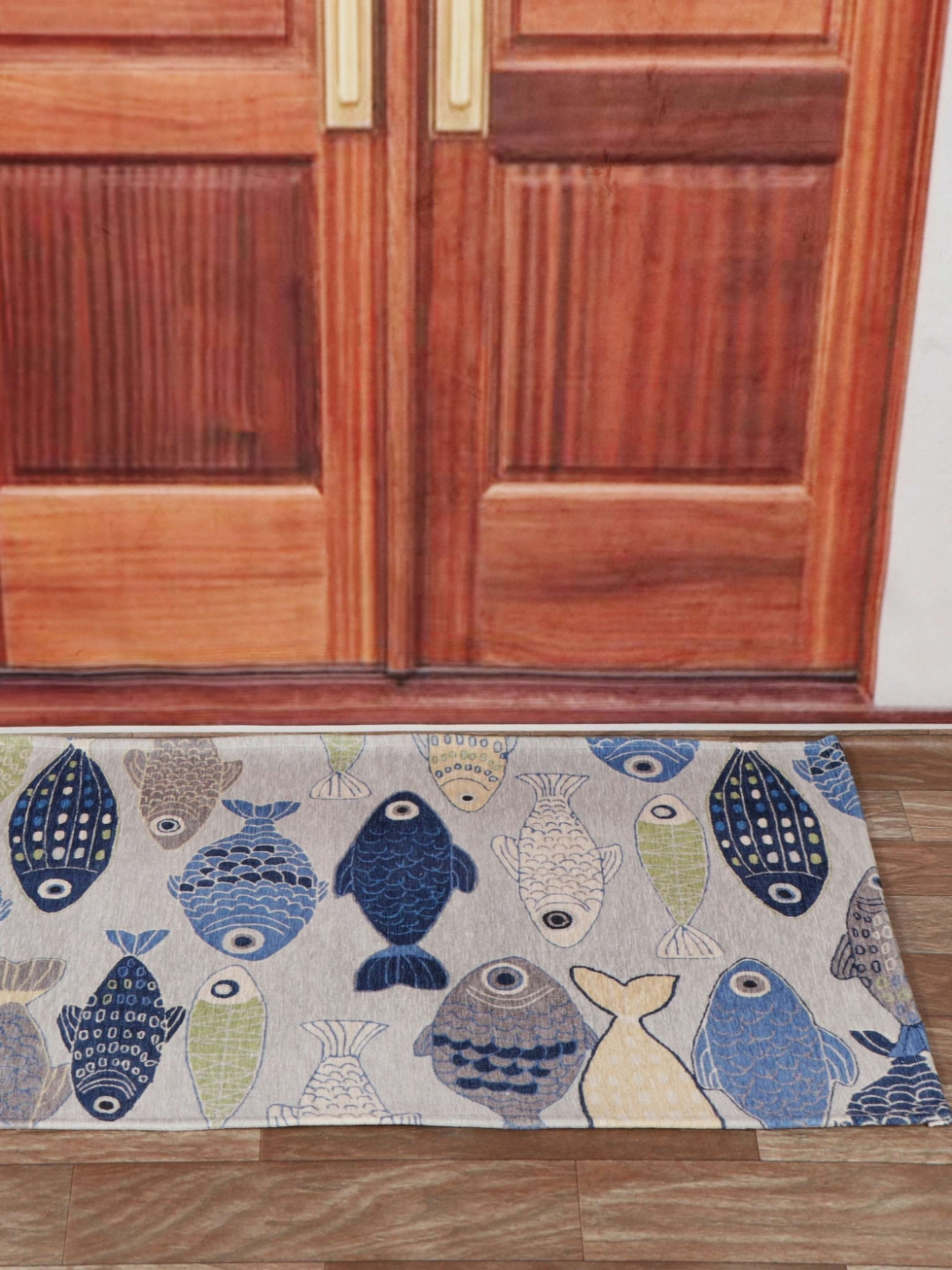 Aura Grey & Blue Fishes Printed Anti Skid Doormat