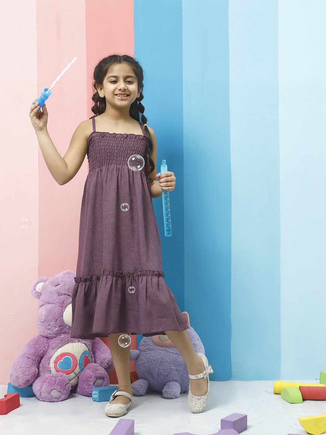 Athena Girls Smocked Detail Linen Fit & Flare Midi Dress