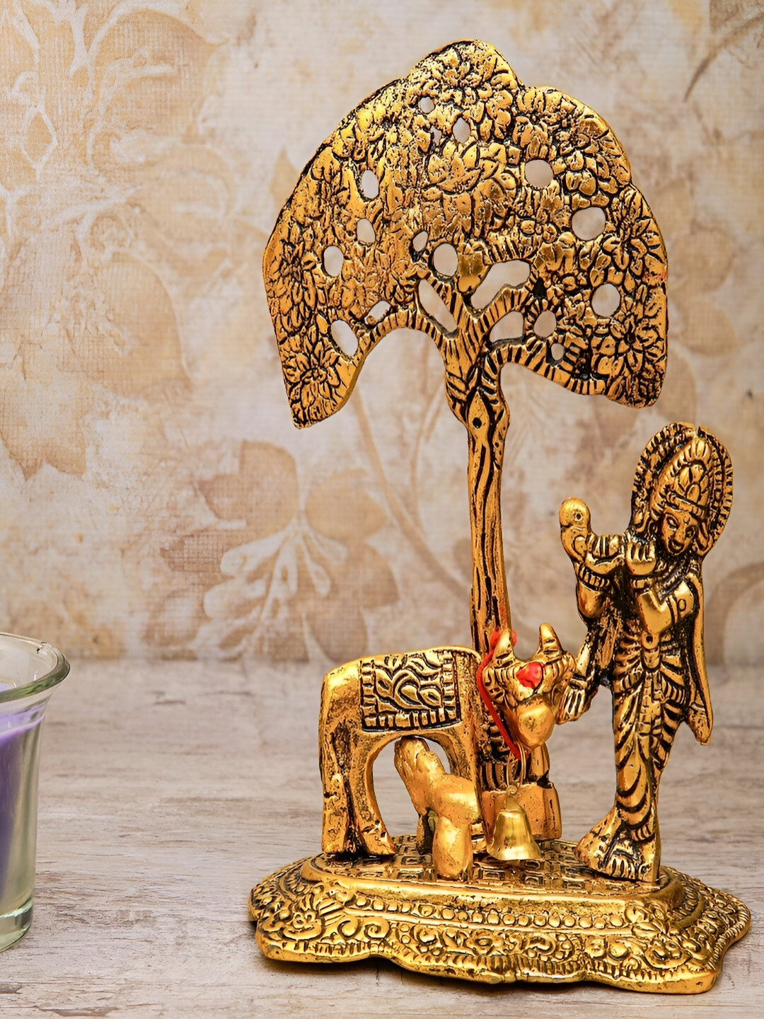 Craftlayout Lord Krishna Playing Flute Under Tree with Cow and Calf Gold Metal Metallic Prayer Room Medium Showpiece - 6 Inches