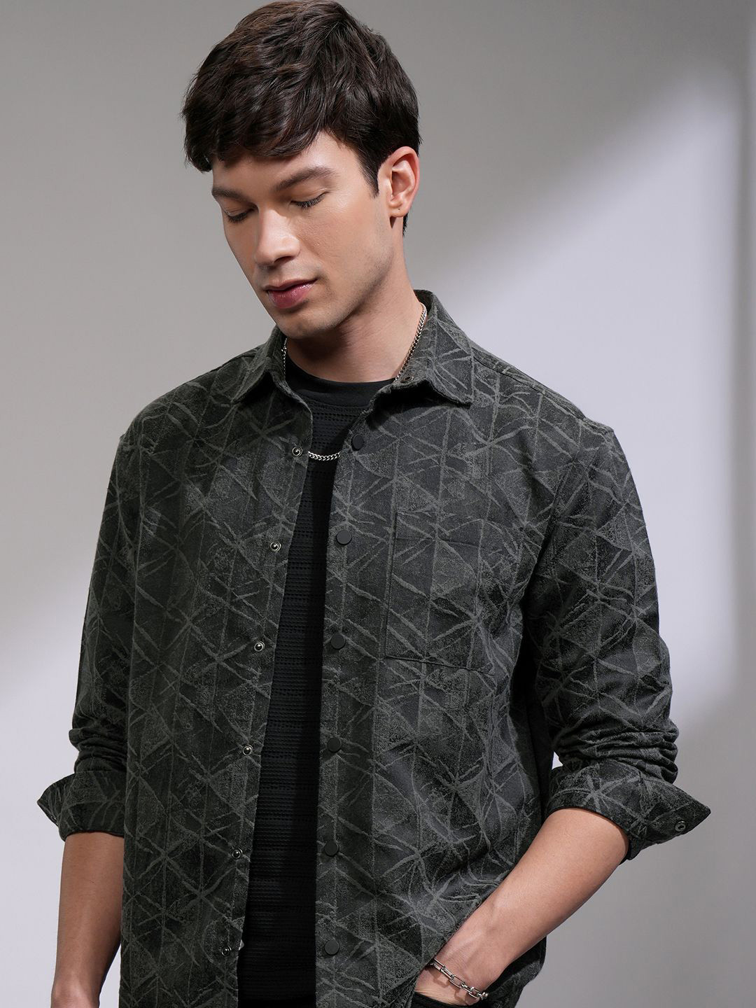 HIGHLANDER Men Brushed Jacquard Textured Spread Collar Relaxed Overshirt