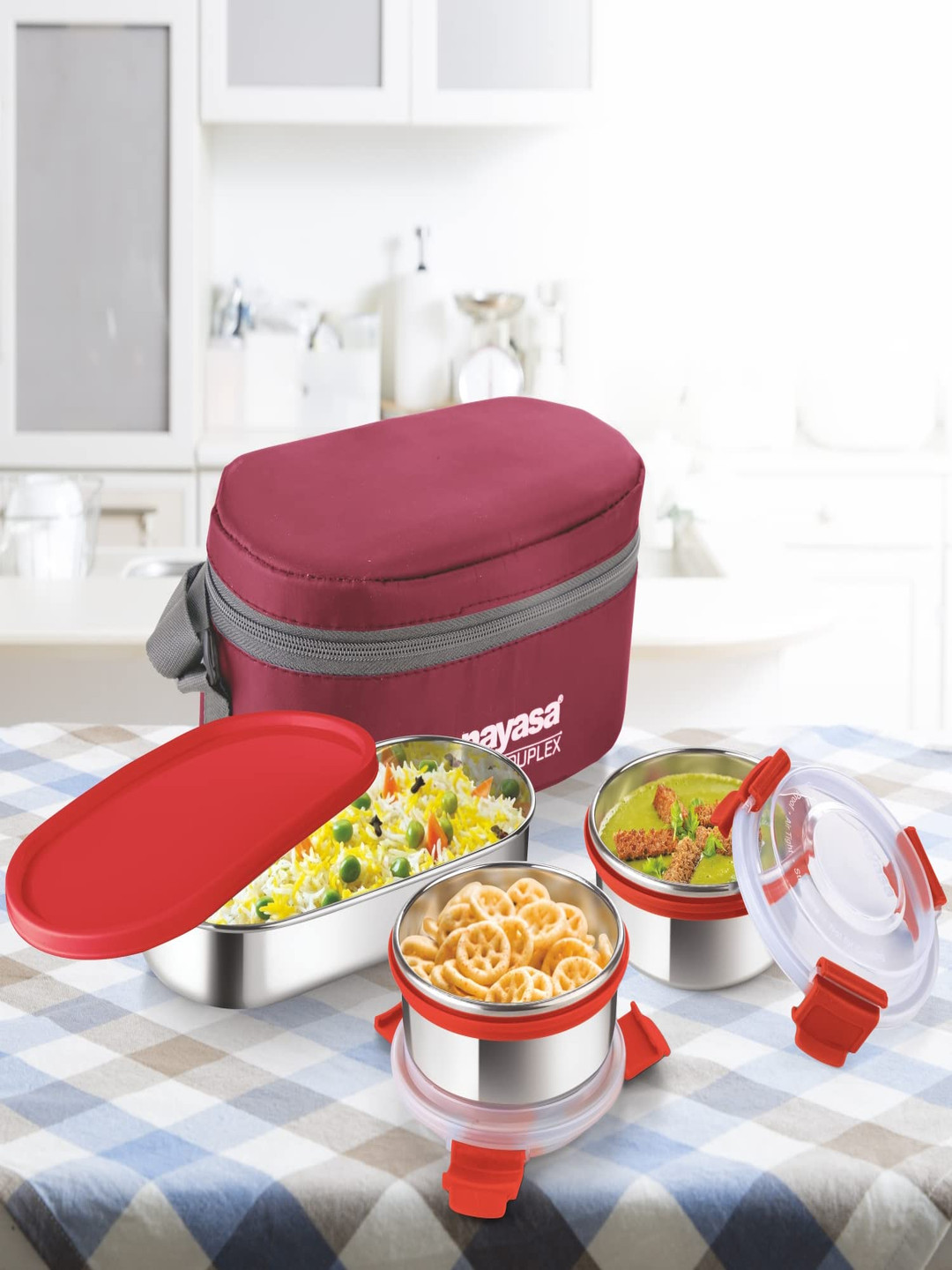 Nayasa Aqua Duplex Airtight Leakproof Stainless Steel 5PCs Lunch Box With Spoon and Fork