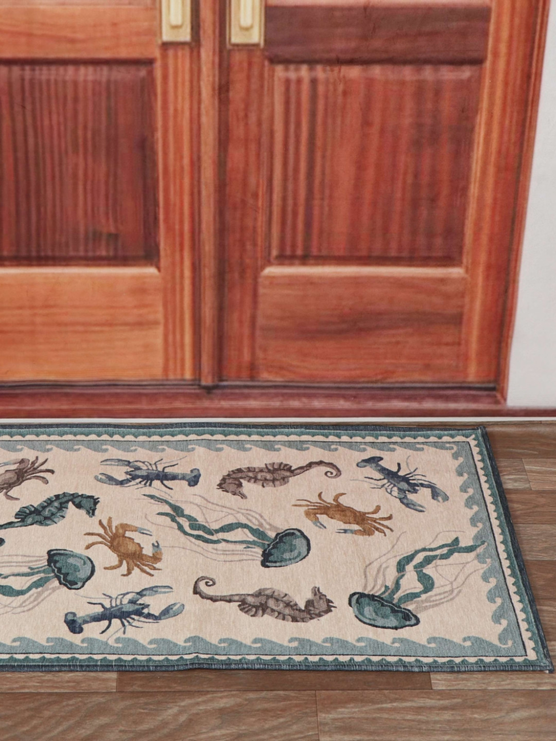 Aura Blue & Beige Sea Animals Printed Anti Skid Doormat