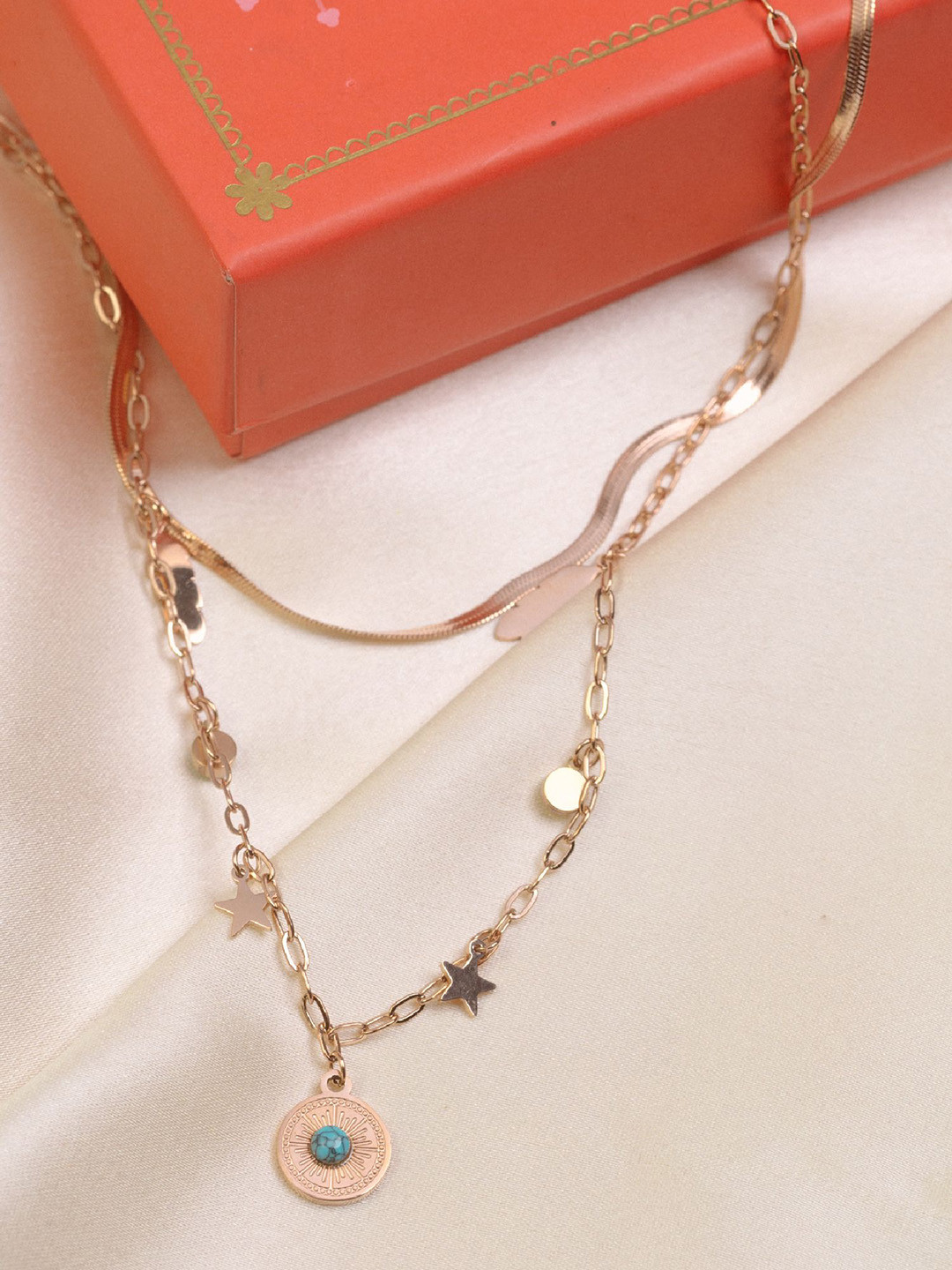 ARTKLIM Gold-Plated Double Layered Feather Star & Round Pendant Necklace