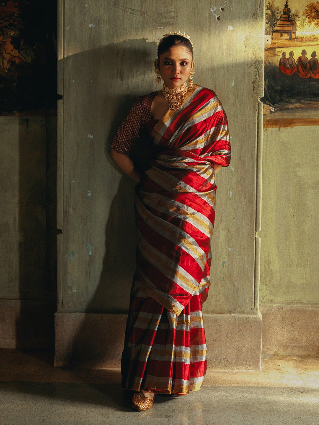 HUTS AND LOOMS Prathamika Multicolour Striped Handloom Tissue Saree