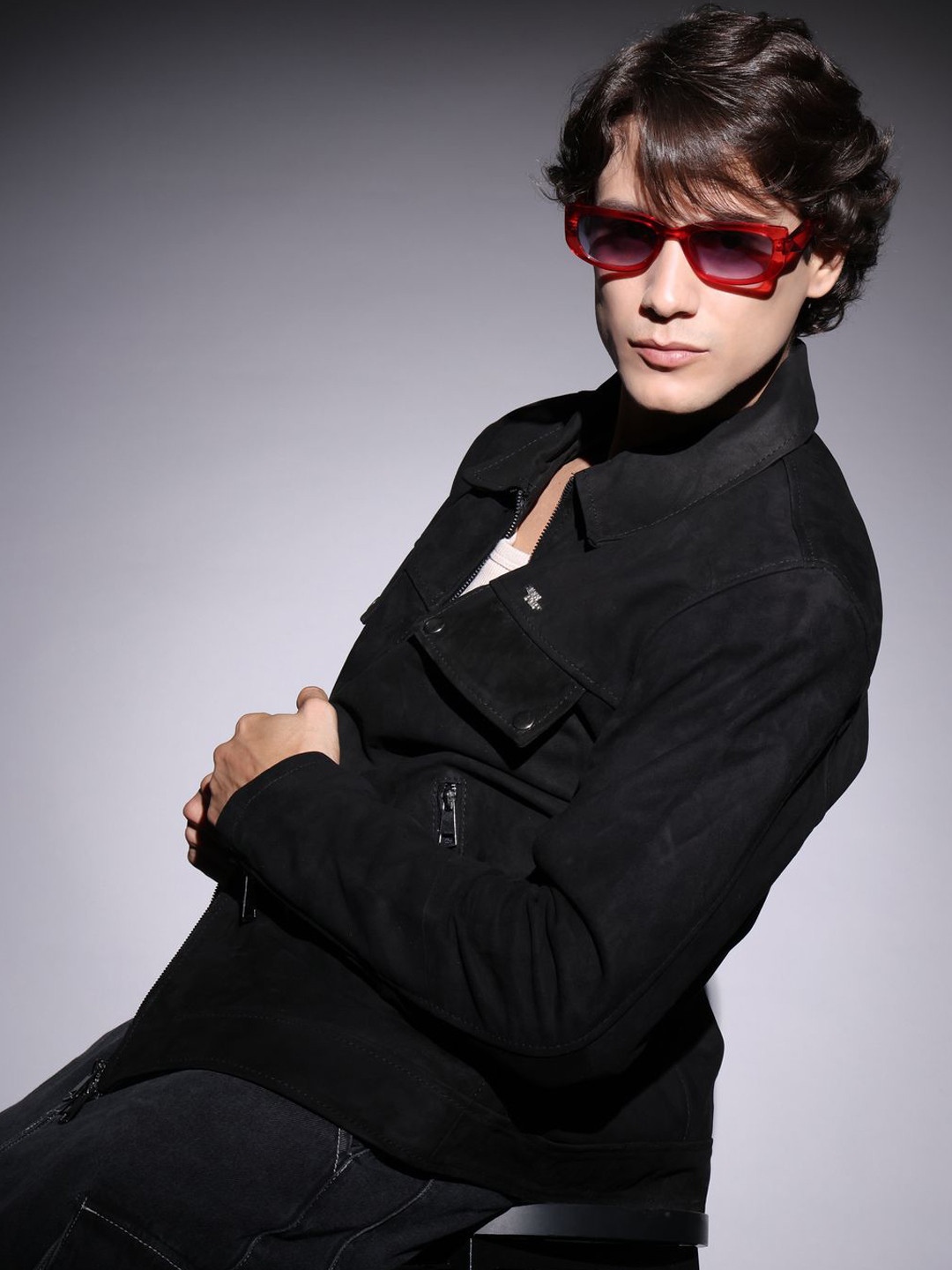 TAG 7 Men Spread Collar Solid Leather Casual Denim Jacket