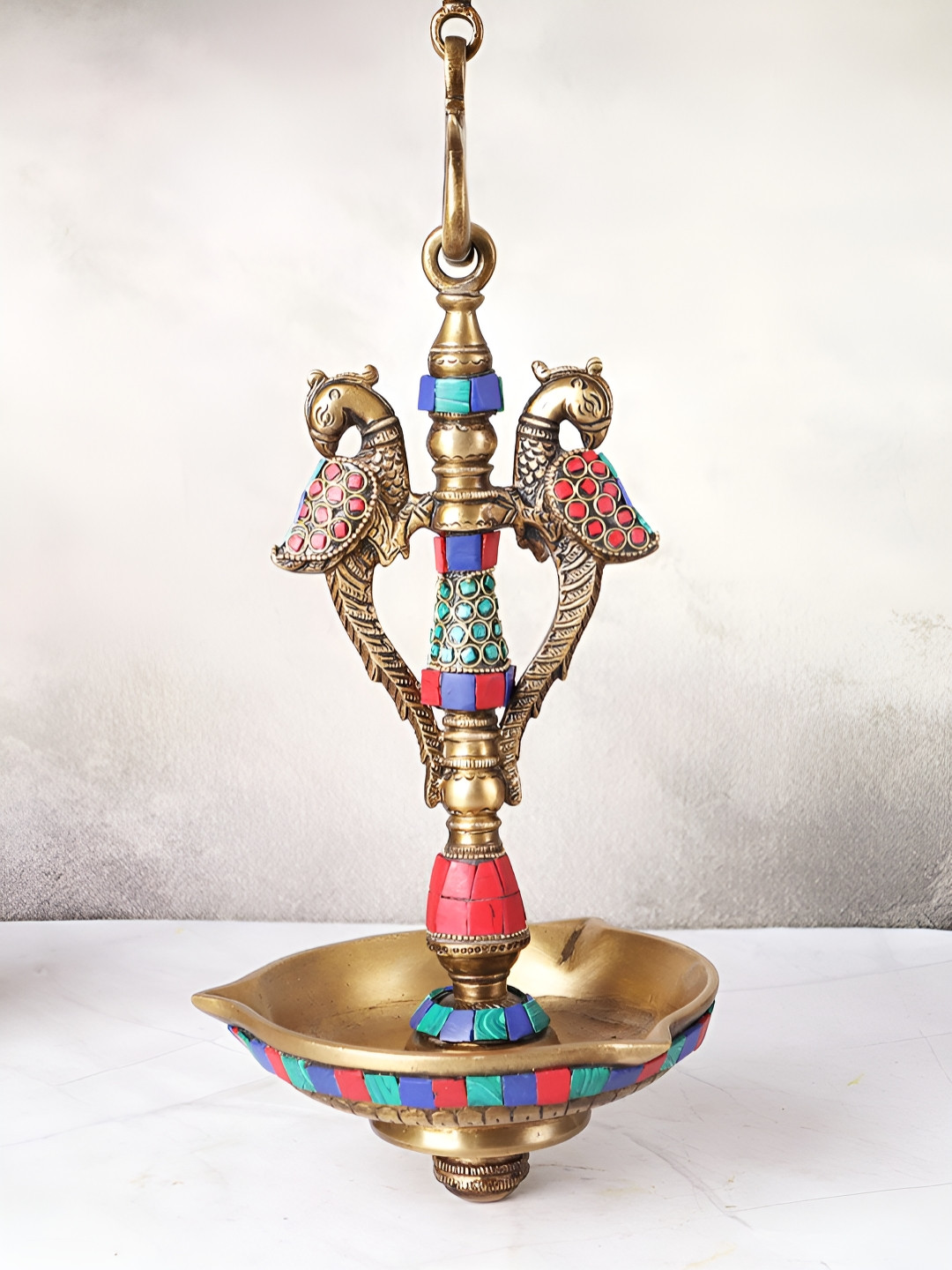 The Advitya Gold-Toned And Blue Peacock Hanging Diya Pooja Essential