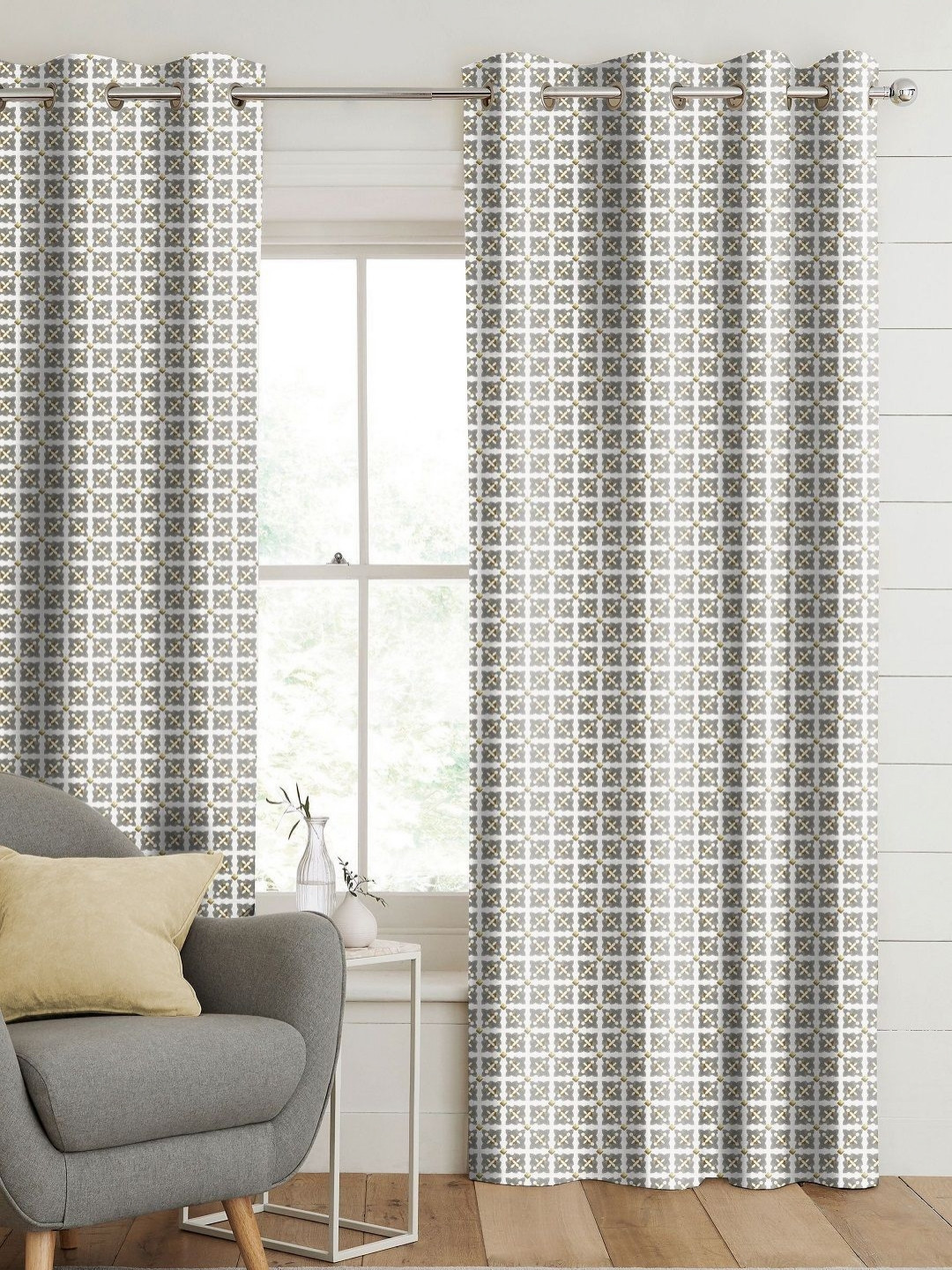 CASABLEU Doha Gold-Toned 2 Pieces Geometric Printed Room Darkening Long Door Curtains