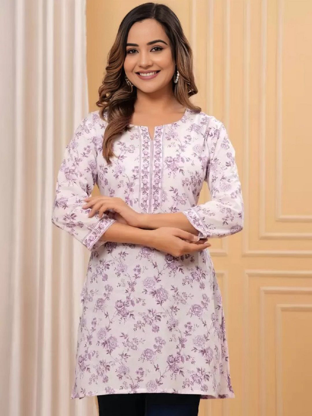 Aasira Floral Print Mandarin Collar Cotton Top