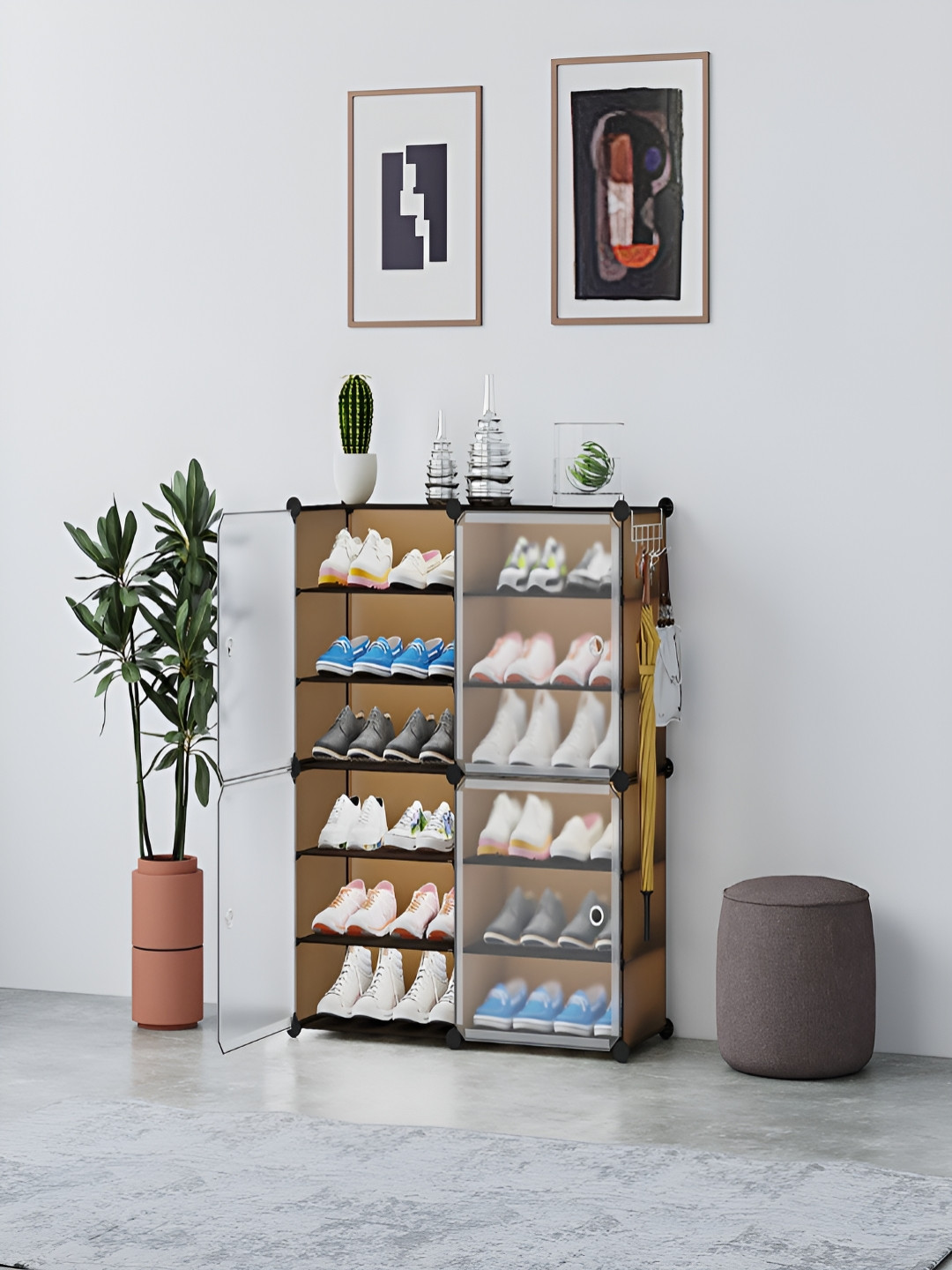 Sasimo Brown & Transparent 12 Shelf & 4 Door Water Resistant Shoes Organiser