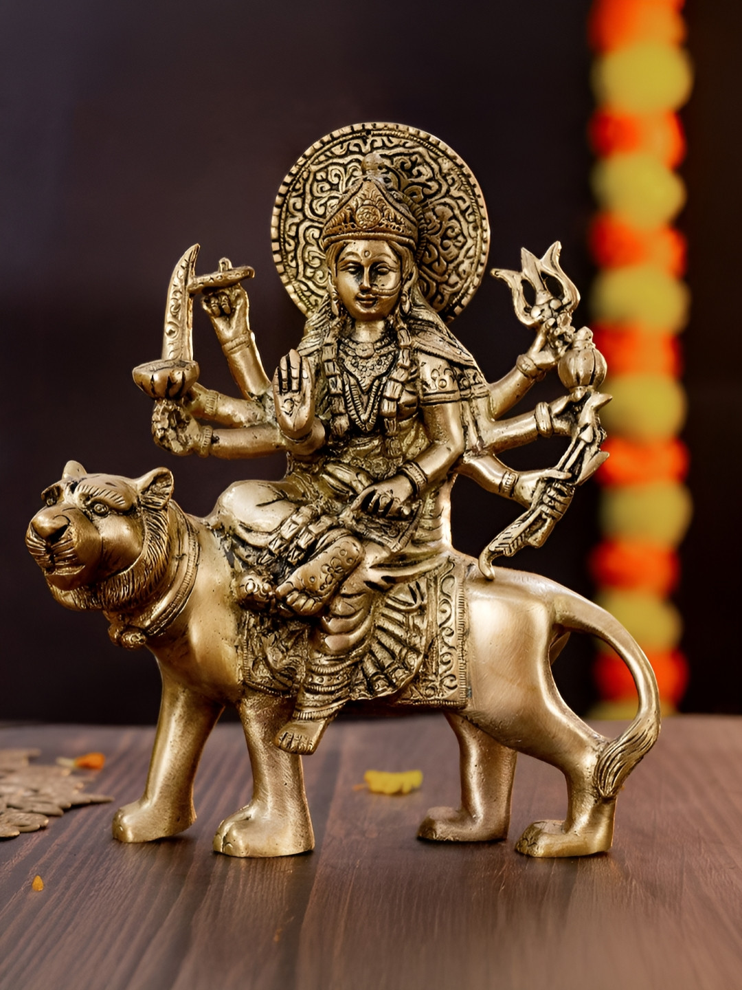 The Advitya Godess Durga Gold Brass Metallic Prayer Room Medium Showpiece - 8 Inches