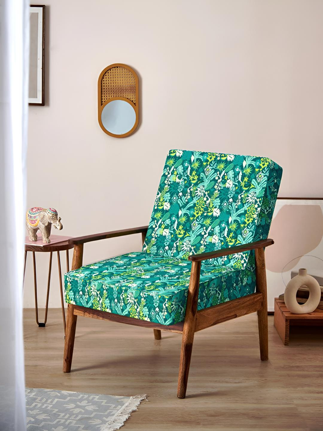 Chumbak Green Tropical Printed Memsaab Wooden Arm Chair