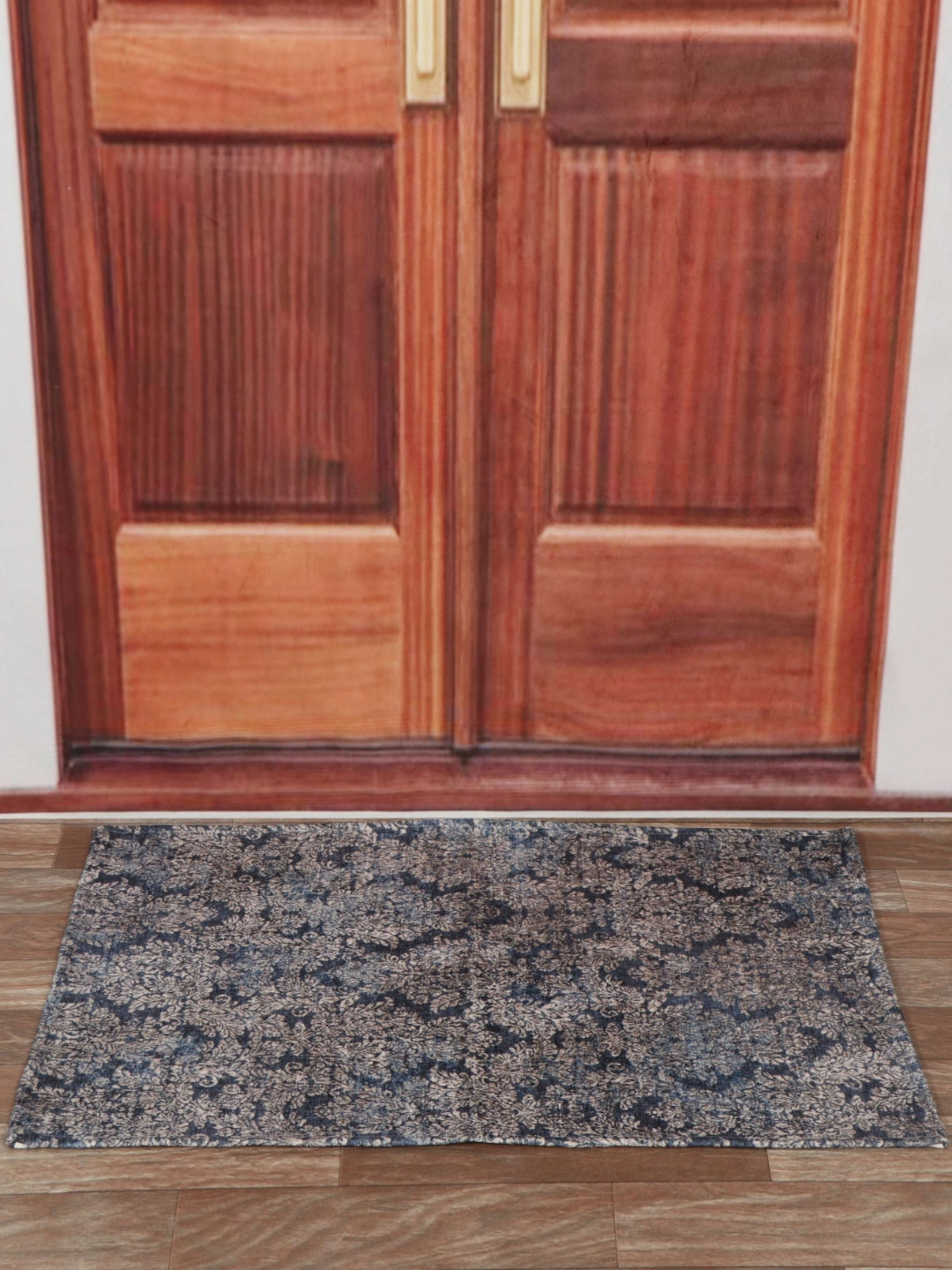 Aura Beige & Blue Ethnic Motifs Printed Anti Skid Rectangular Doormat