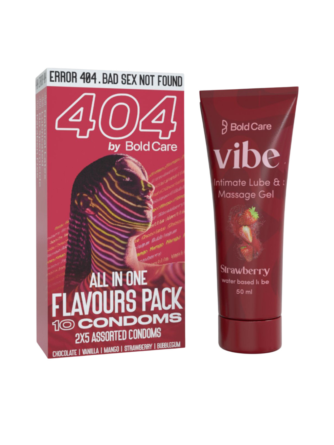 Bold Care Set Of 2 Vibe Strawberry Lube - 50 ml With All In One Flavors Condoms - 10 Pcs