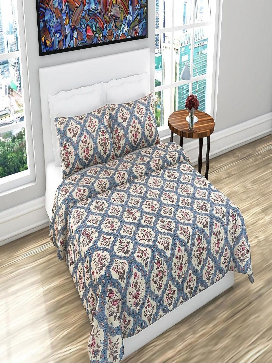 Myntra Elegant Homes Blue & Beige Printed Microfiber Cotton Bed Cover With Pillow Covers