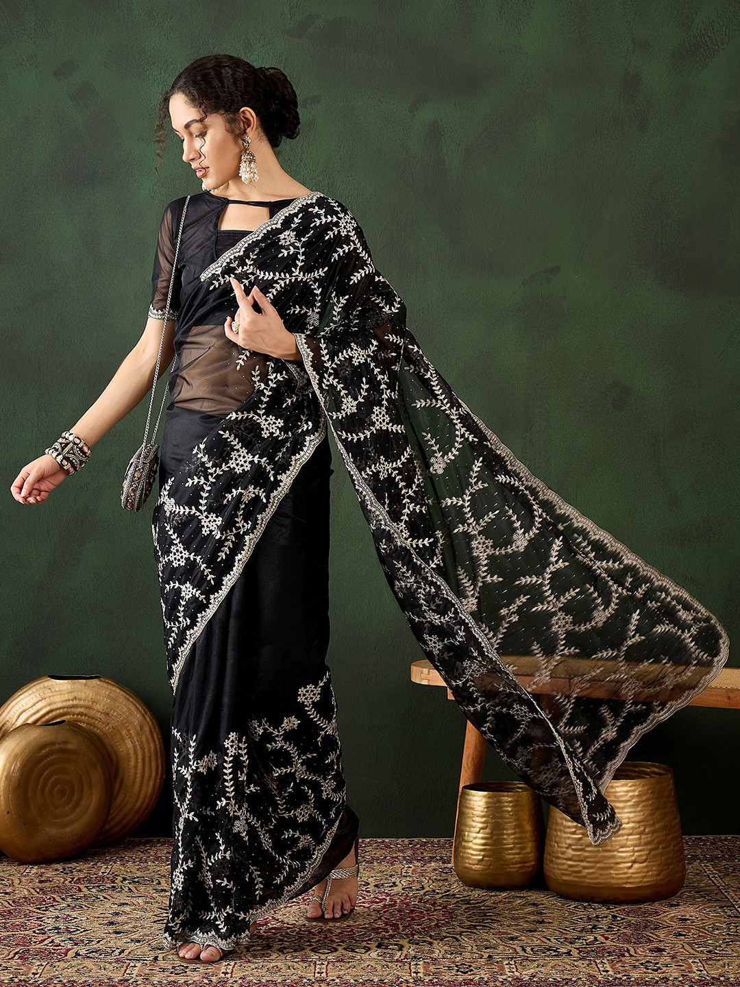 DEVATITHI Beads and Stones Black Simmer Saree