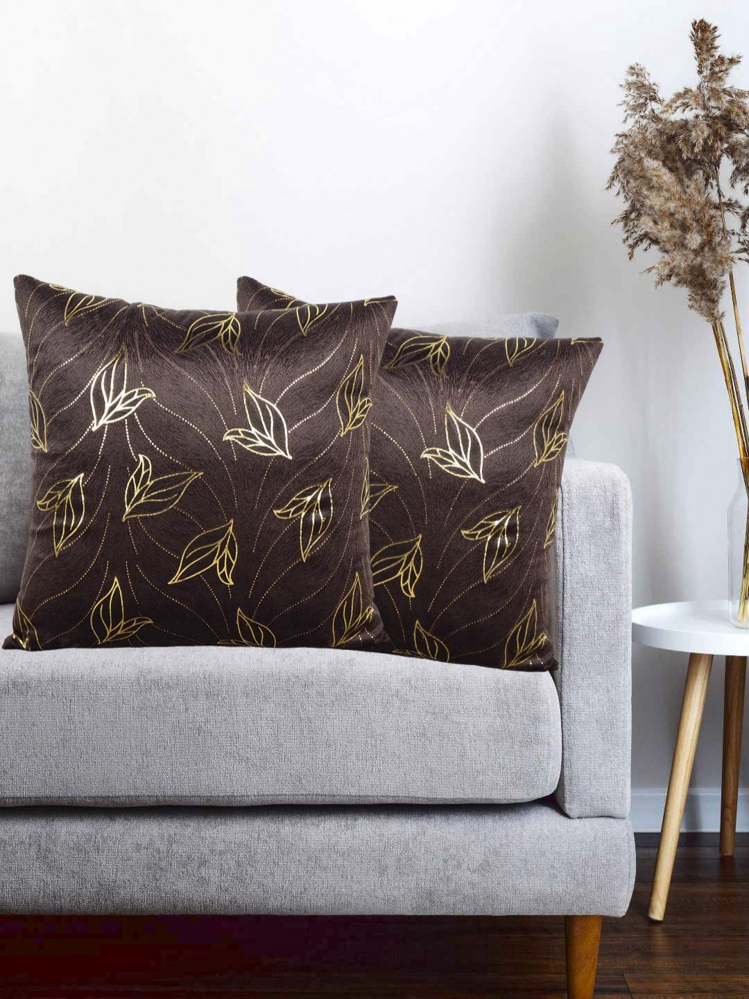 Vinayaka Fab Brown And Gold-Toned 2 Pieces Floral Velvet Square Cushion Covers