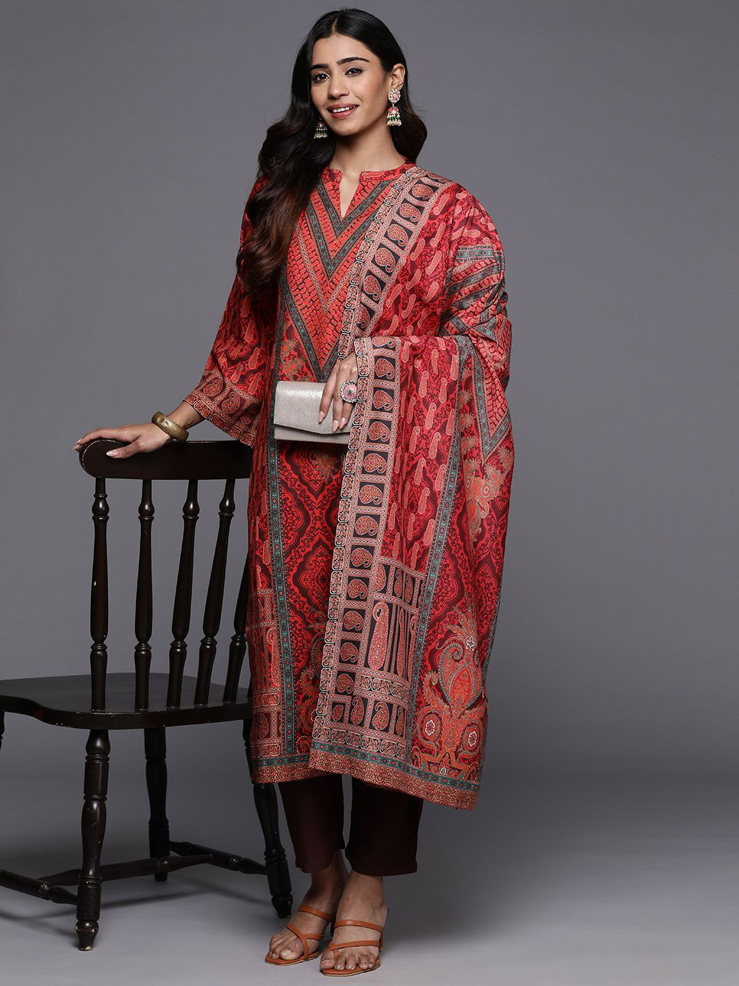 Varanga Red Paisley Printed Mandarin Collar Kurta With Trousers & Dupatta