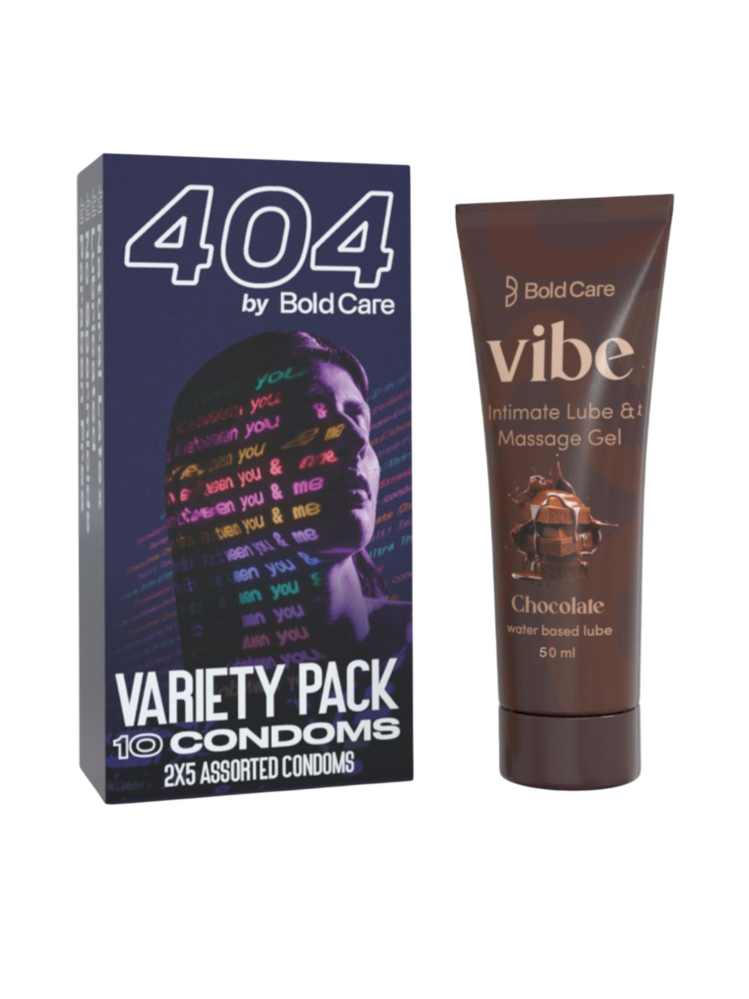 Bold Care Set Of Vibe Intimate Chocolate Lube 50ml With 404 Variety Pack Condoms - 10Pcs