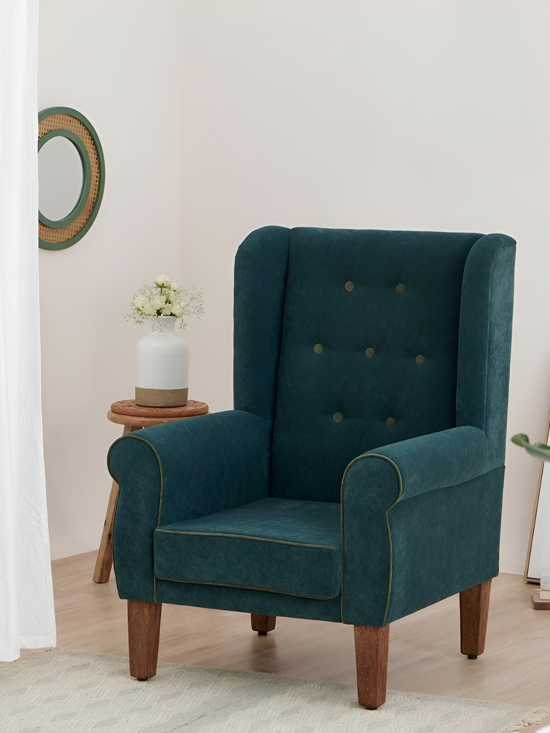 Chumbak Green Plain Begum Wooden Wing Chair