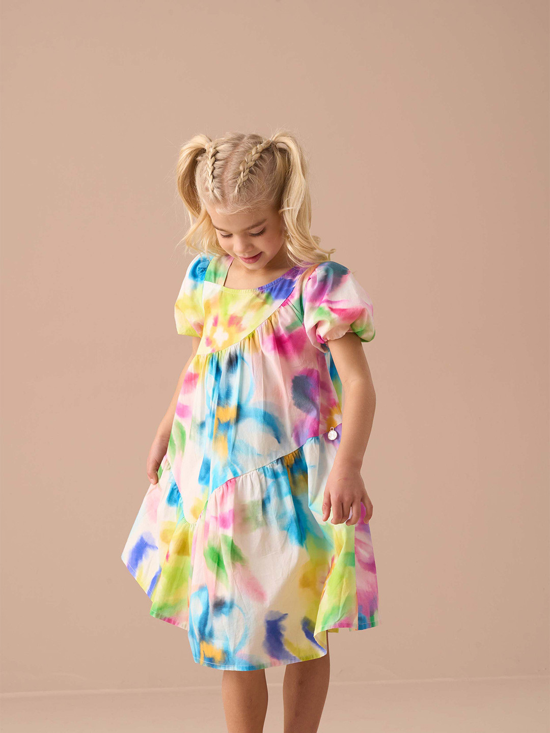 Angel & Rocket Girls Half Sleeve Relaxed Jodie Printed Aysmmetric Puff Sleeve A-Line Dress