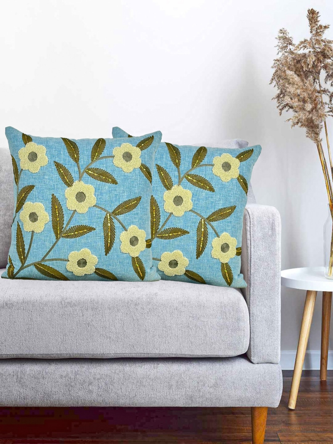 Vinayaka Fab Blue And Green 2 Pieces Floral Embroidered Linen Square Cushion Covers