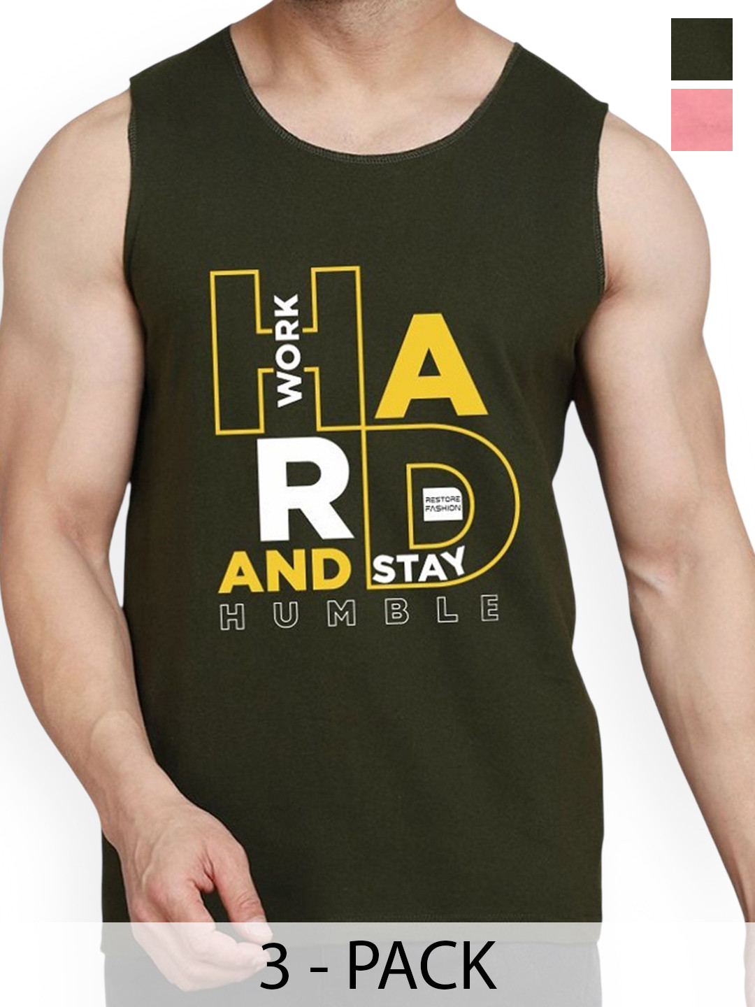 WOOSTRO Pack Of 2 Printed Combed Cotton Gym Vest RS26 CMB (HARD OLIVE) (MORE PEACH)