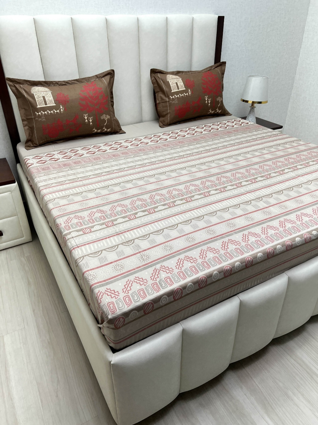 Pure Decor Grey Ethnic Motifs Pure Cotton 380 TC King Superfine Bedsheet with 2 Pillow Covers-108 x 108 inches