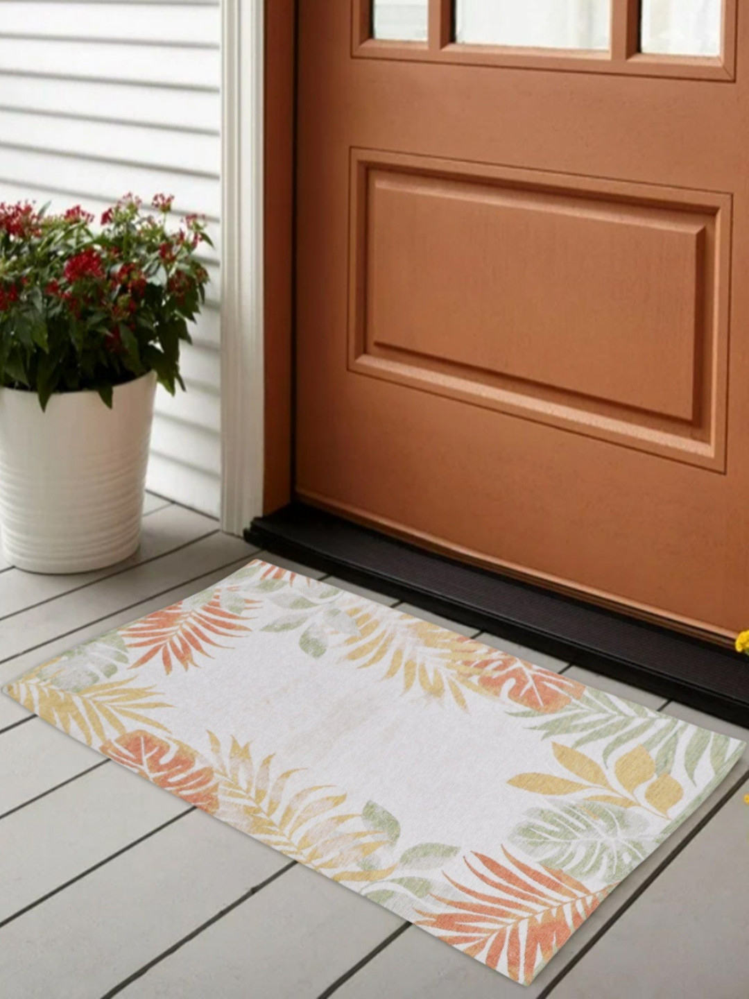 Aura White & Orange Colored Leaves Printed Anti Skid Doormat