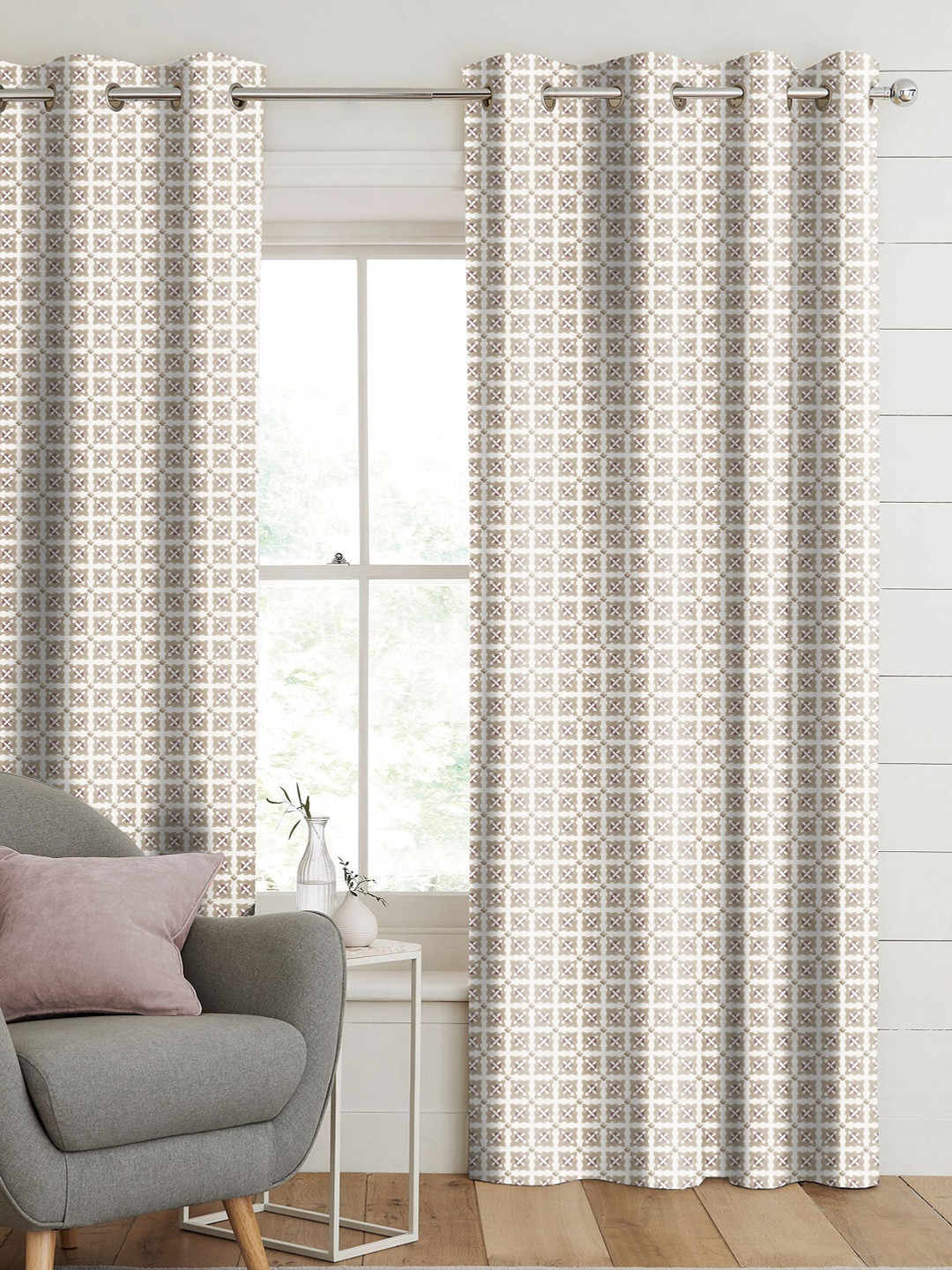 CASABLEU Anthem Doha Pink & White 2 Pieces Geometric Printed Room Darkening Door Curtains