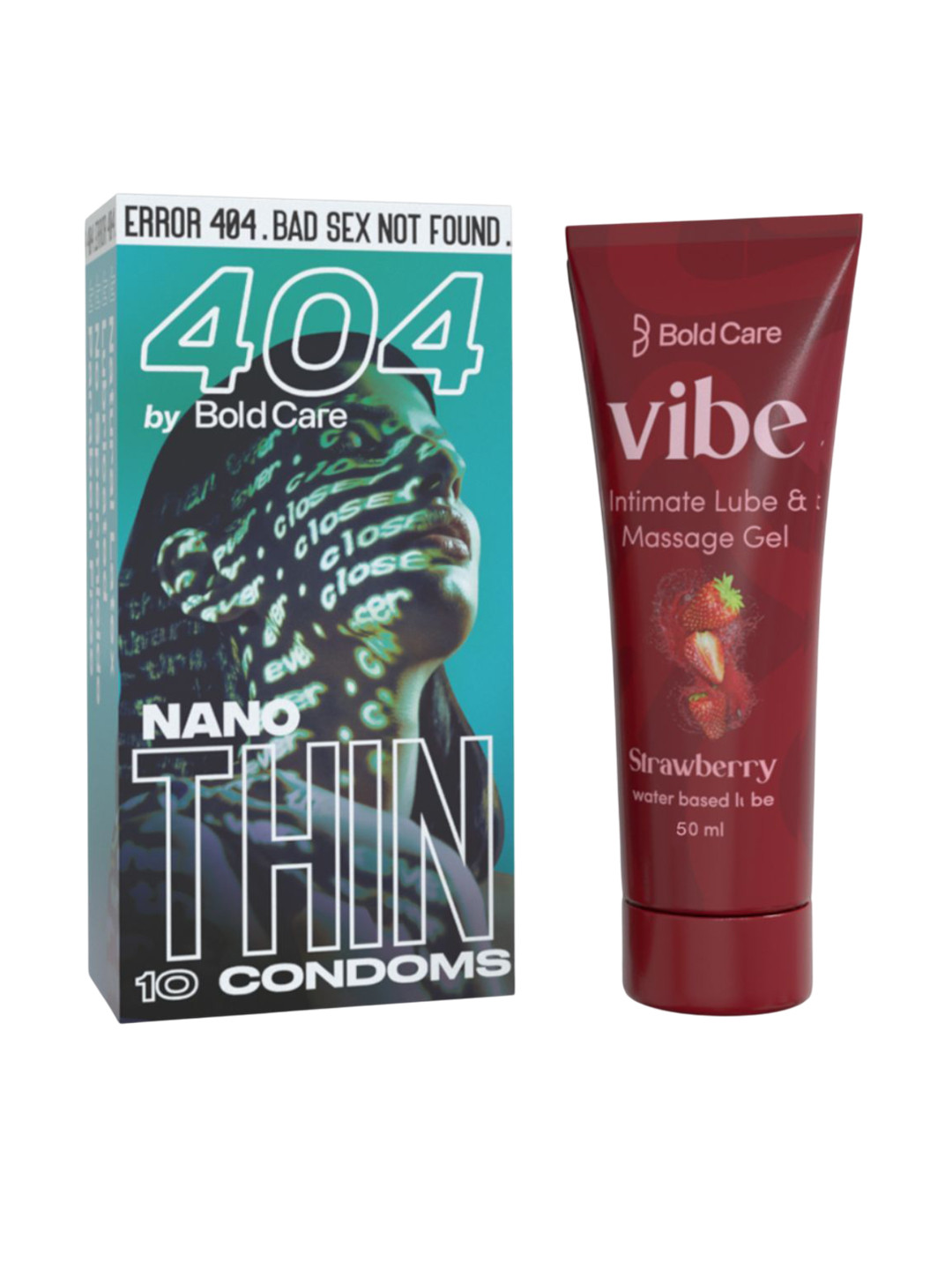 Bold Care Set Of Vibe Intimate Strawberry Lube 50ml With 404 Nano Thin Condoms - 10Pcs