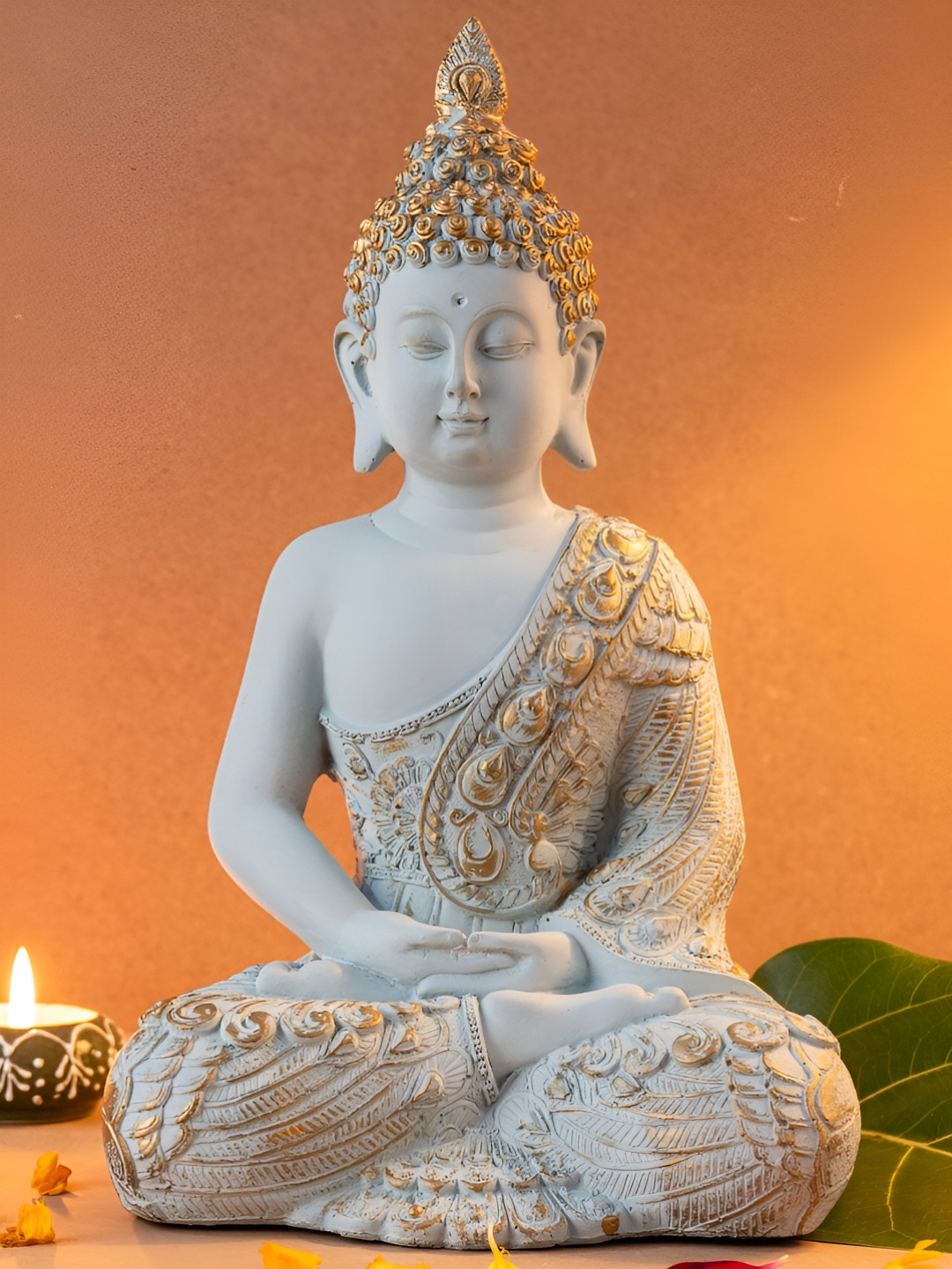 The Advitya Lord Gautama Buddha White Brass Metallic Home Office Medium Showpiece - 11 Inches