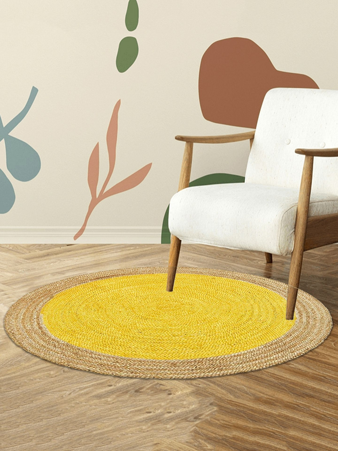 HABERE INDIA Yellow & Beige Round Jute Bohemian Carpet