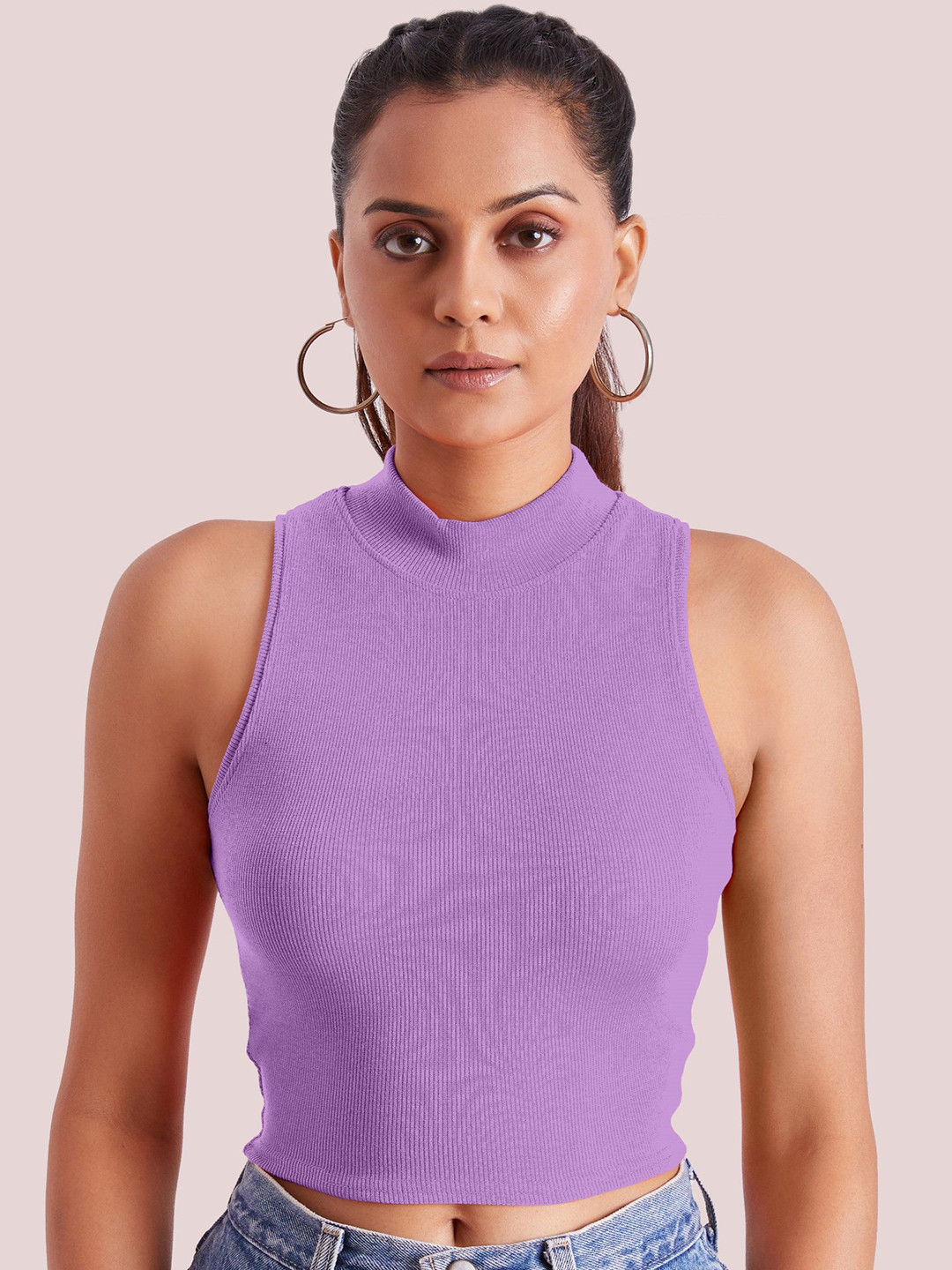BerryBird Women High Neck Solid Sleeveless Knitted Crop Top