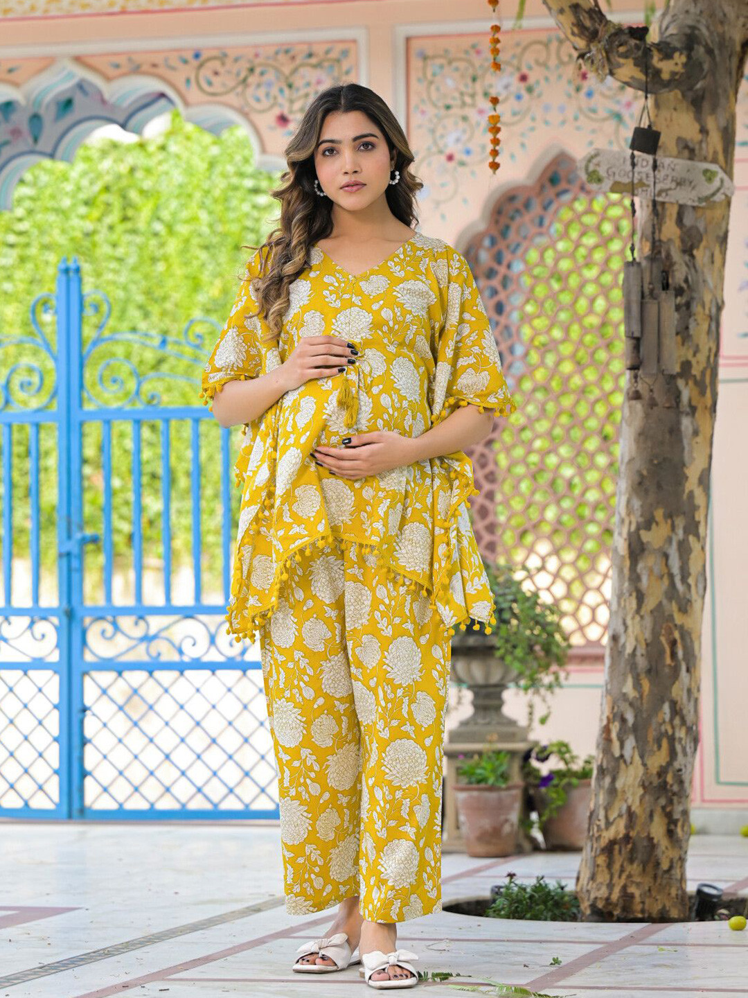 Aujjessa Mustard Printed Cotton Maternity Feeding Kaftan Night Suit
