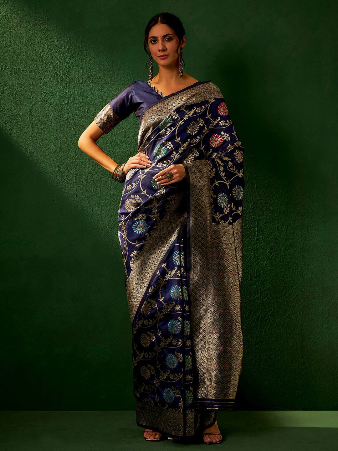 DEVATITHI Navy Blue Banarasi Silk Saree