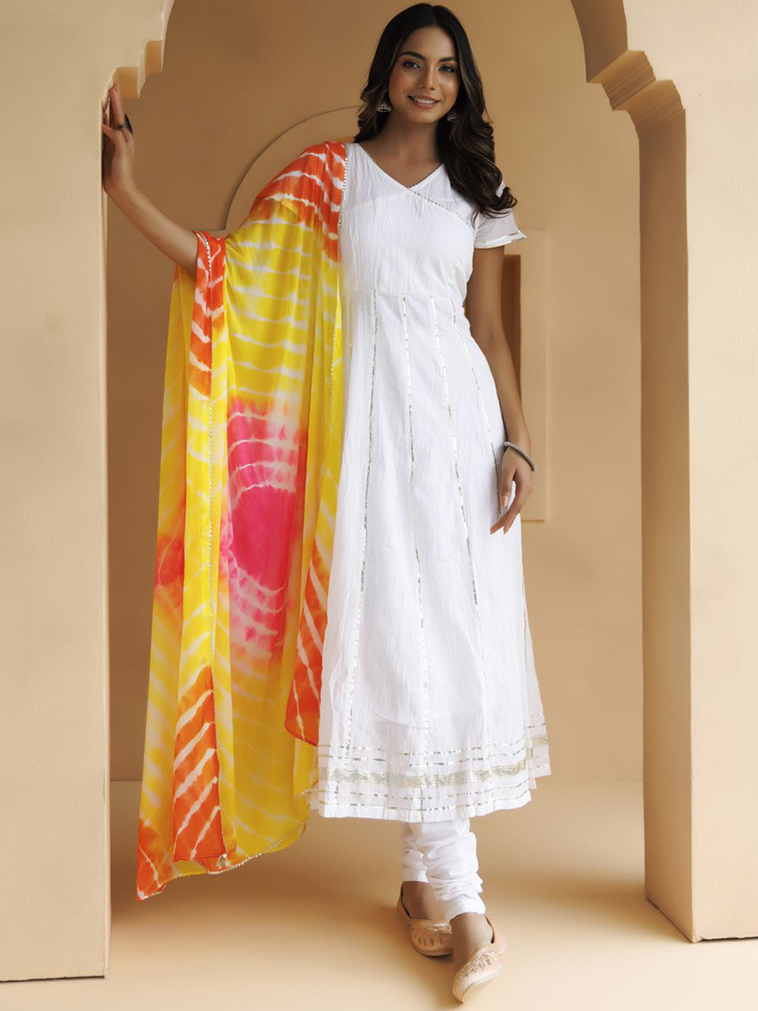 Geroo Luxe V-Neck Panelled Gotta Patti Pure Cotton Anarkali Kurta With Churidar & Dupatta