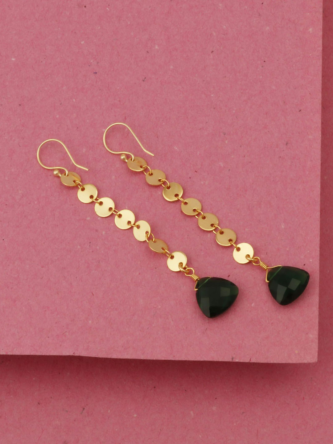 EL JOYERO Gold-Plated Emerald Gemstone Studded Contemporary Shaped Drop Earrings