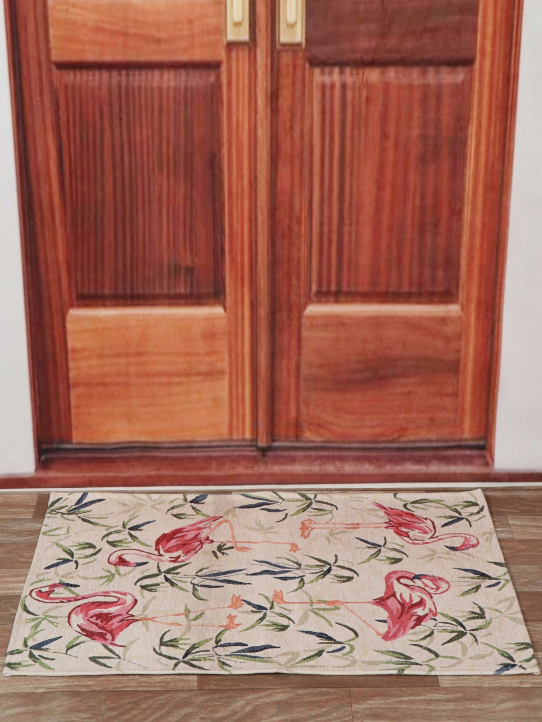 Aura Beige & Pink Swans Printed Anti Skid Doormat