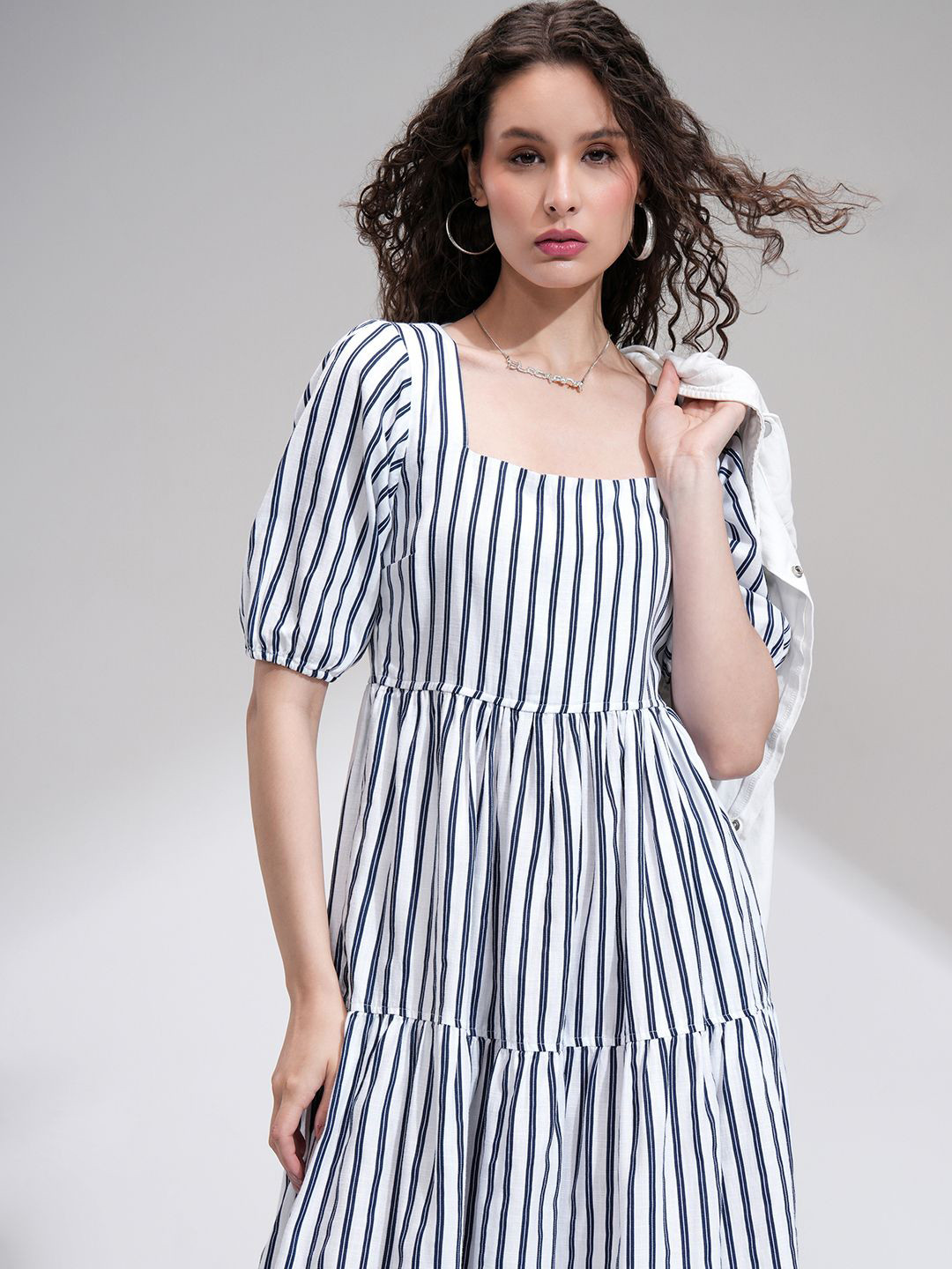 Tokyo Talkies Women Stripe Fit Flare Tier Midi Dress
