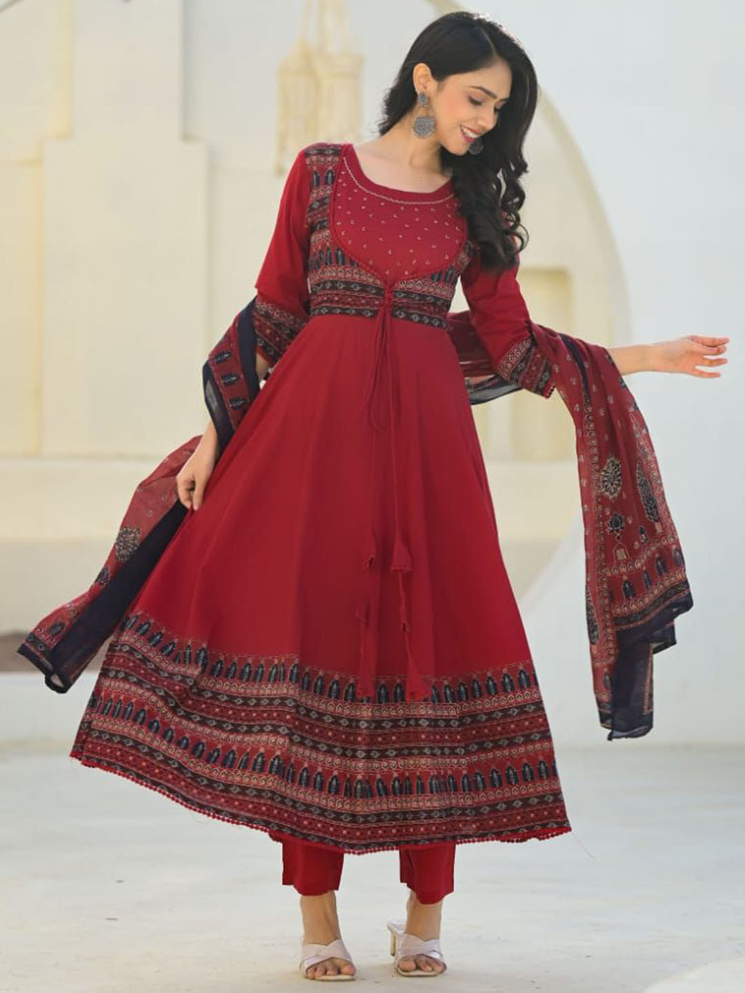 Anouk Maroon Black Ethnic Motifs Printed Pure Cotton Kurta With Trouser And Dupatta