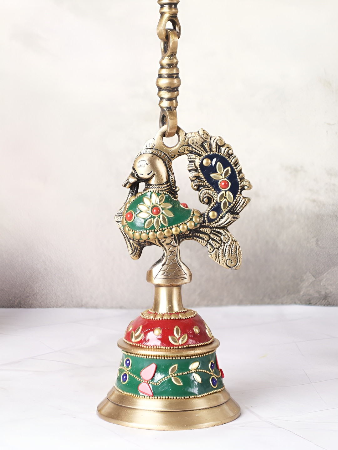 The Advitya Peacock Temple Hanging Bell with Mosaic Work Gold Brass Metallic Prayer Room Large Showpiece - 31 Inches