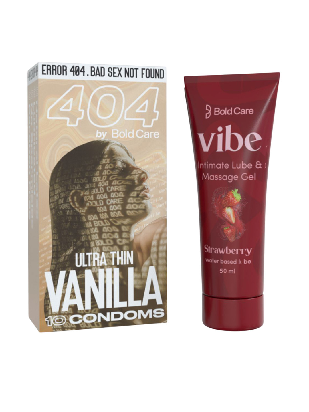 Bold Care Set Of Vibe Intimate Strawberry Lube 50ml With 404 Vanilla Condoms 10 Pcs
