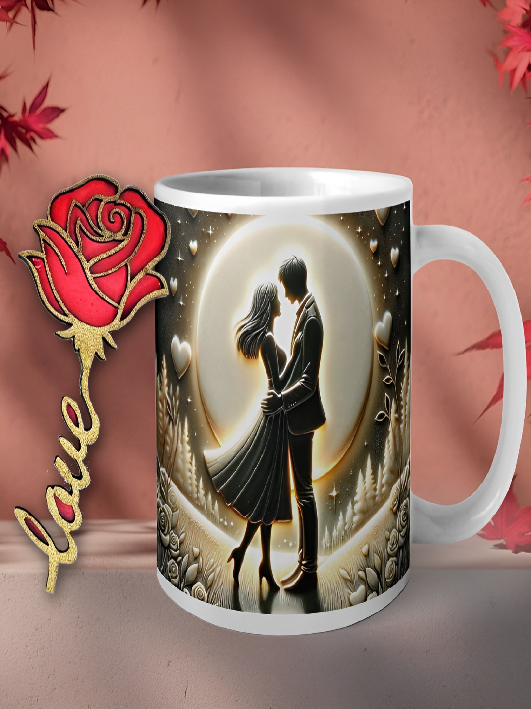 Phirki Studio Studio White Graphic Ceramic Handmade Mug with Wooden Rose magnet-350ml